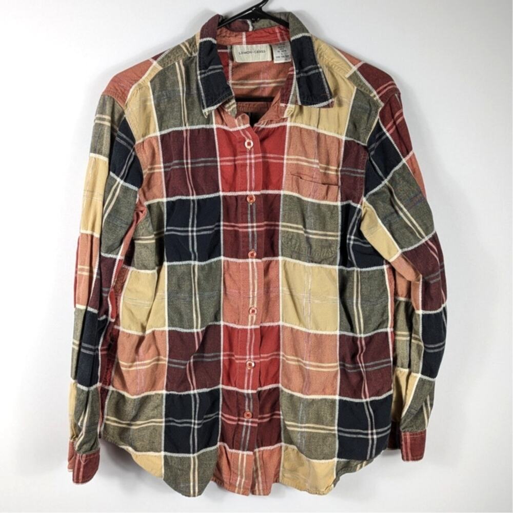 Lemon Grass Large Plaid Button Down Shirt Cotton Rayon Long Sleeve Flannel